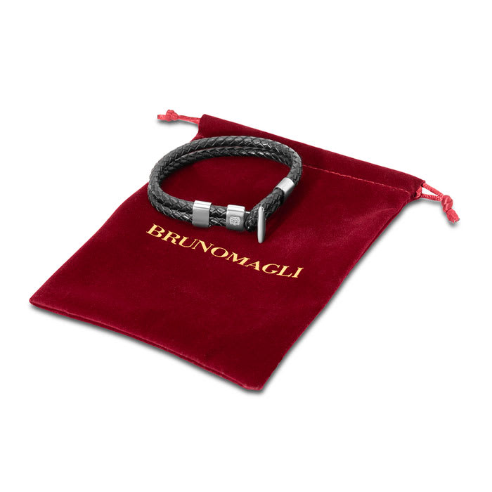 Bruno Magli Mens Black Leather Toggle Leather Bracelet, Silver