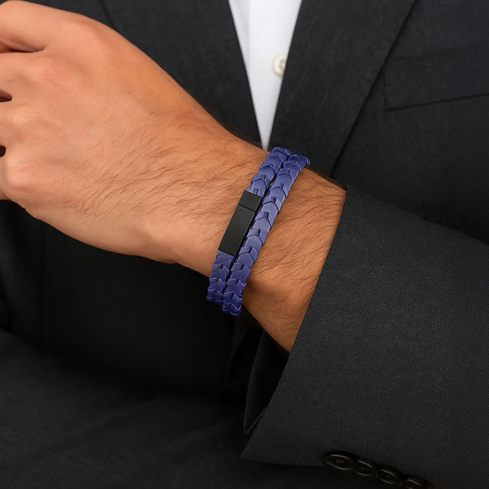 Bruno Magli Mens Fishtail Leather Wrap Bracelet, Indigo