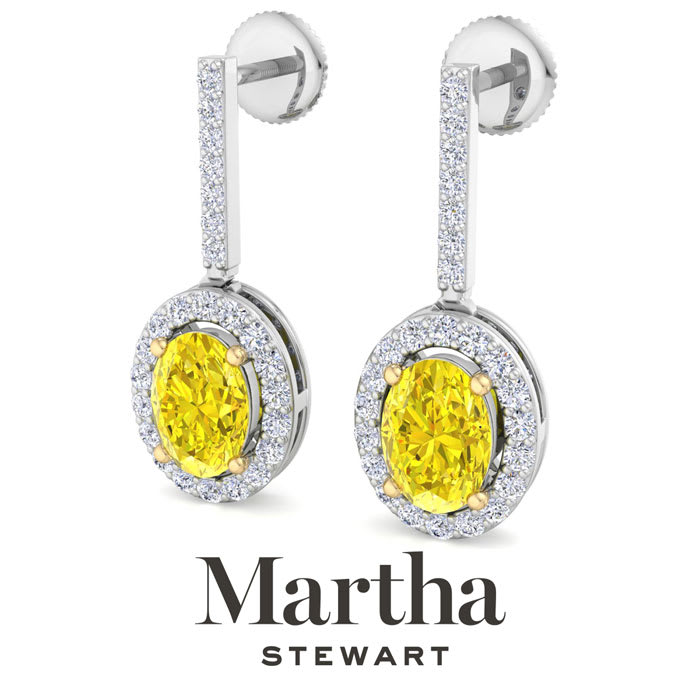 Martha Stewart 2 1/2 Carat Oval Shape Fancy Yellow Lab Grown Diamond Drop Earrings In 14 Karat White Gold