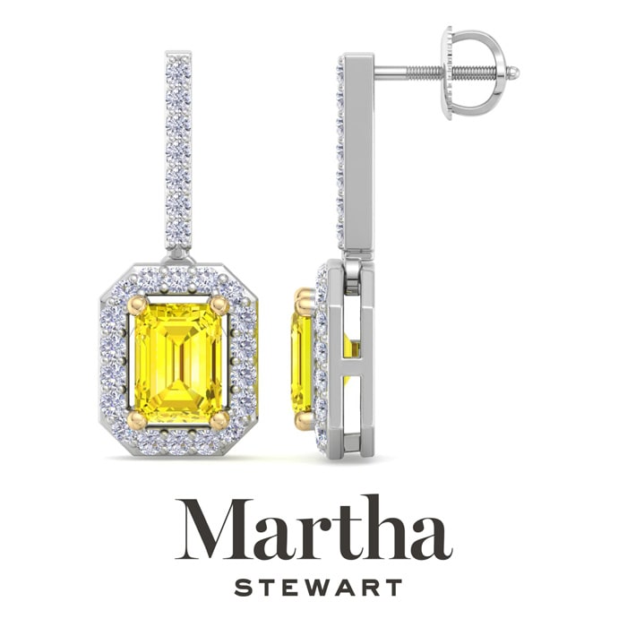 Martha Stewart 2 1/2 Carat Emerald Cut Fancy Yellow Lab Grown Diamond Drop Earrings In 14 Karat White Gold