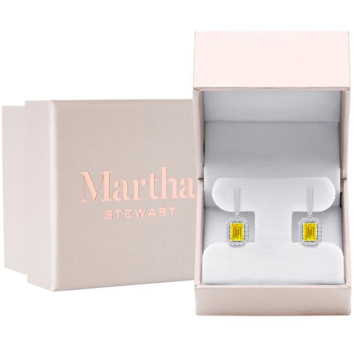 Martha Stewart 2 1/2 Carat Emerald Cut Fancy Yellow Lab Grown Diamond Drop Earrings In 14 Karat White Gold