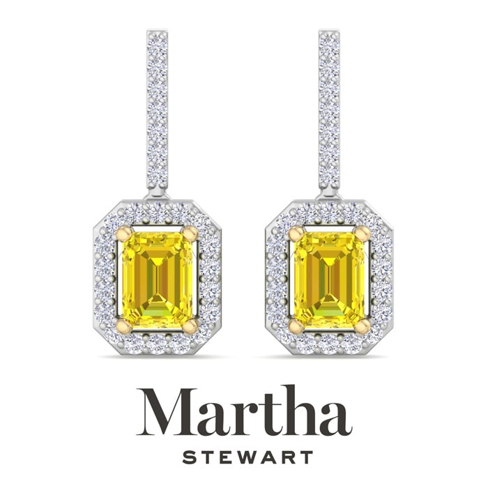 Martha Stewart 2 1/2 Carat Emerald Cut Fancy Yellow Lab Grown Diamond Drop Earrings In 14 Karat White Gold
