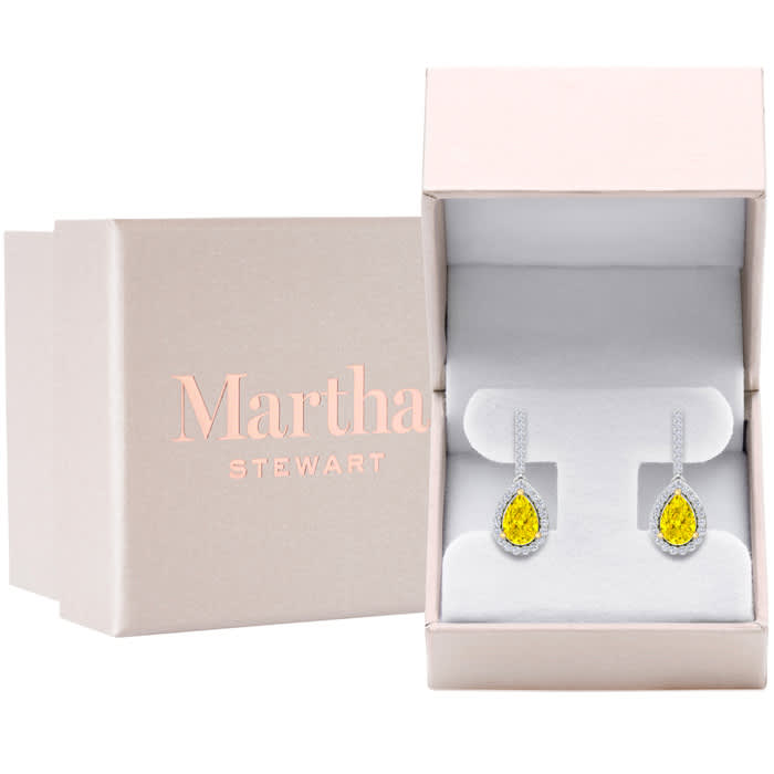 Martha Stewart 2 1/2 Carat Pear Shape Fancy Yellow Lab Grown Diamond Drop Earrings In 14 Karat White Gold