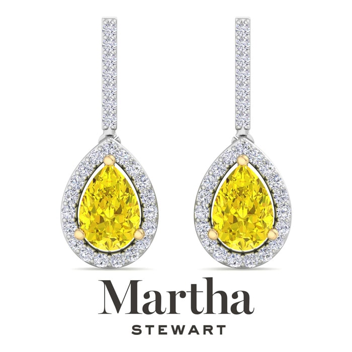 Martha Stewart 2 1/2 Carat Pear Shape Fancy Yellow Lab Grown Diamond Drop Earrings In 14 Karat White Gold