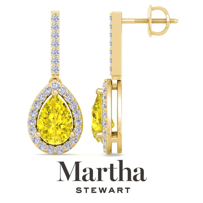 Martha Stewart 2 1/2 Carat Pear Shape Fancy Yellow Lab Grown Diamond Drop Earrings In 14 Karat Yellow Gold