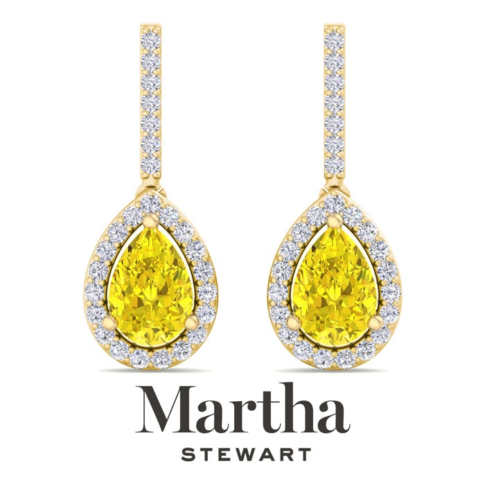 Martha Stewart 2 1/2 Carat Pear Shape Fancy Yellow Lab Grown Diamond Drop Earrings In 14 Karat Yellow Gold