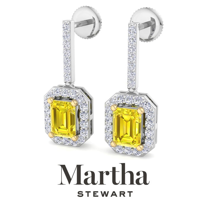 Martha Stewart 2 1/2 Carat Emerald Cut Fancy Yellow Lab Grown Diamond Drop Earrings In Sterling Silver