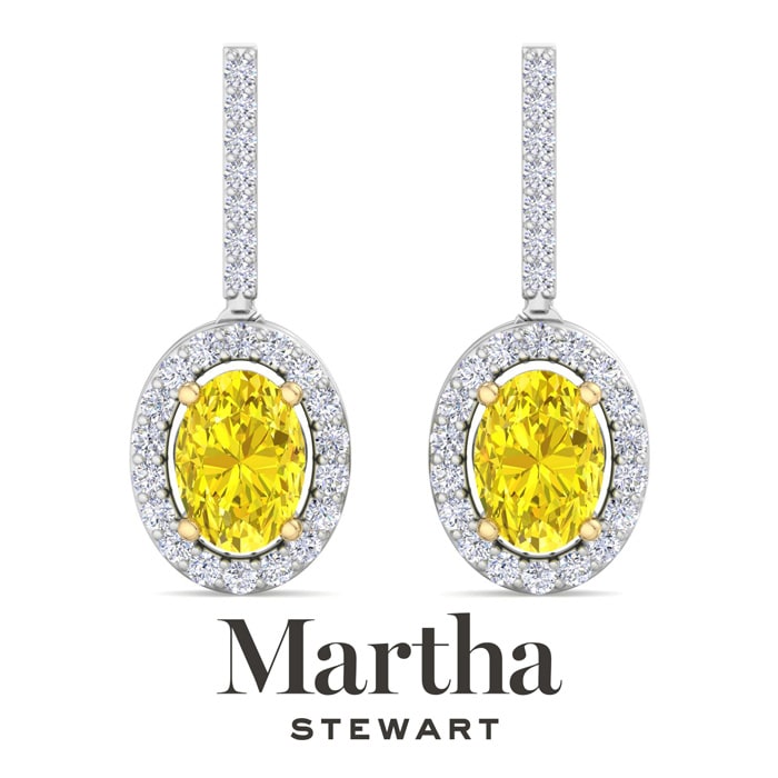 Martha Stewart 2 1/2 Carat Oval Shape Fancy Yellow Lab Grown Diamond Drop Earrings In Sterling Silver