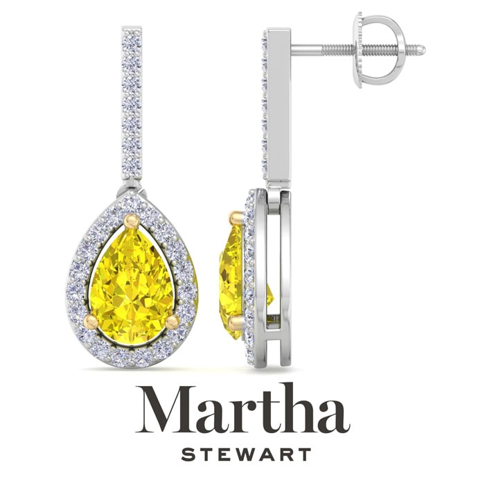 Martha Stewart 2 1/2 Carat Pear Shape Fancy Yellow Lab Grown Diamond Drop Earrings In Sterling Silver