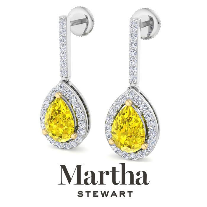 Martha Stewart 2 1/2 Carat Pear Shape Fancy Yellow Lab Grown Diamond Drop Earrings In Sterling Silver