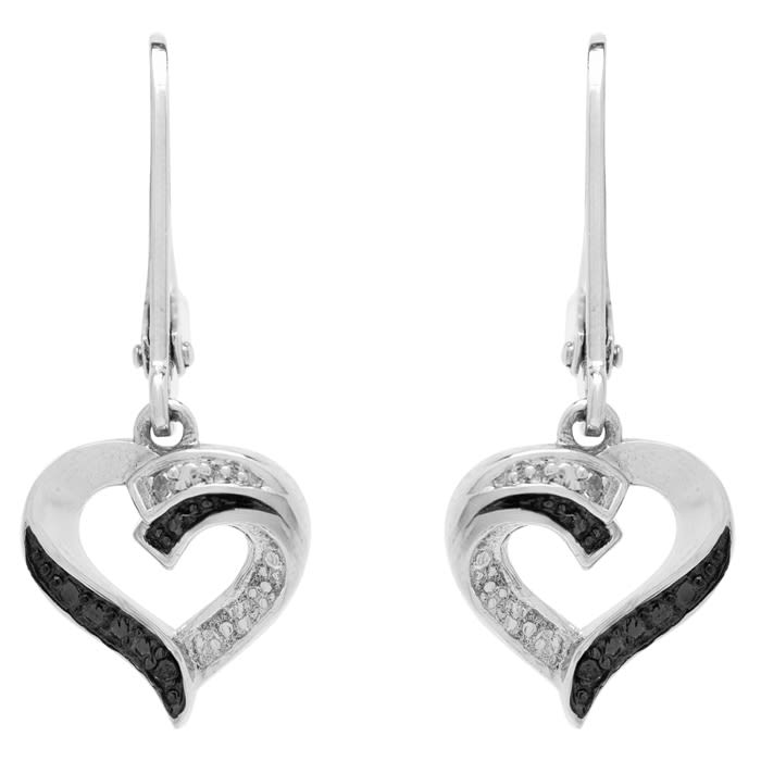 Estate Jewelry Black and White Diamond Heart Earrings In Sterling Silver With Leverbacks