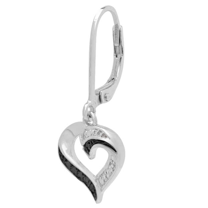 Estate Jewelry Black and White Diamond Heart Earrings In Sterling Silver With Leverbacks