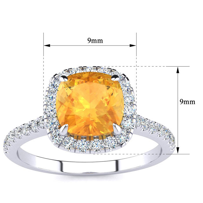 Citrine Ring: 2 Carat Cushion Cut Citrine and Halo Diamond Ring In Sterling Silver