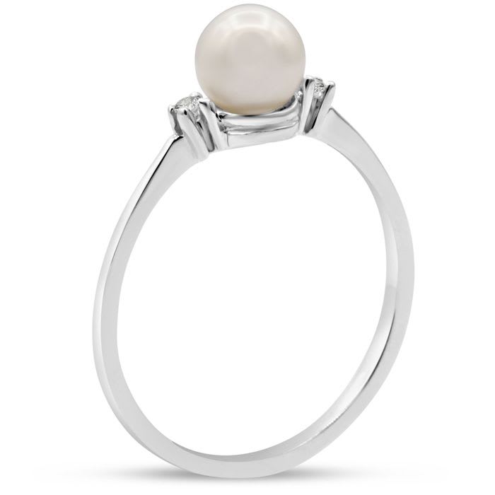 Round Freshwater Cultured Pearl and Diamond Accent Ring In 14 Karat White Gold, Great For Ring Finger Or Pinky!