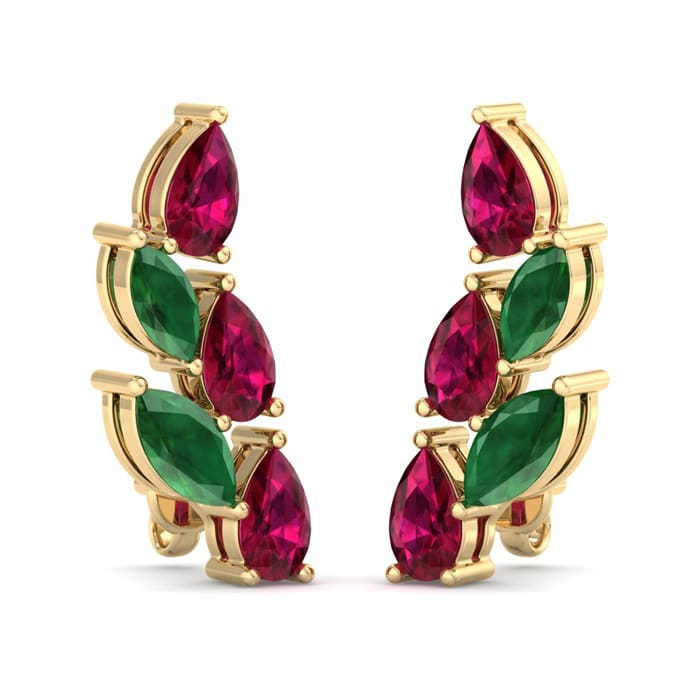 2 1/4 Carat Emerald and Ruby Earring Climbers In 14 Karat Yellow Gold