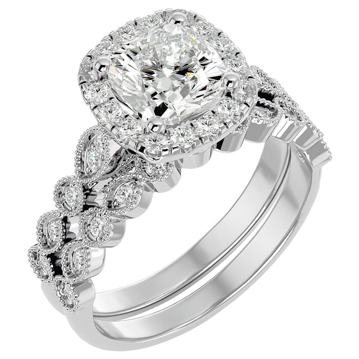 Moissanite Engagement Ring; 2 1/2 Carat Cushion Cut Moissanite Bridal Set In 14 Karat White Gold