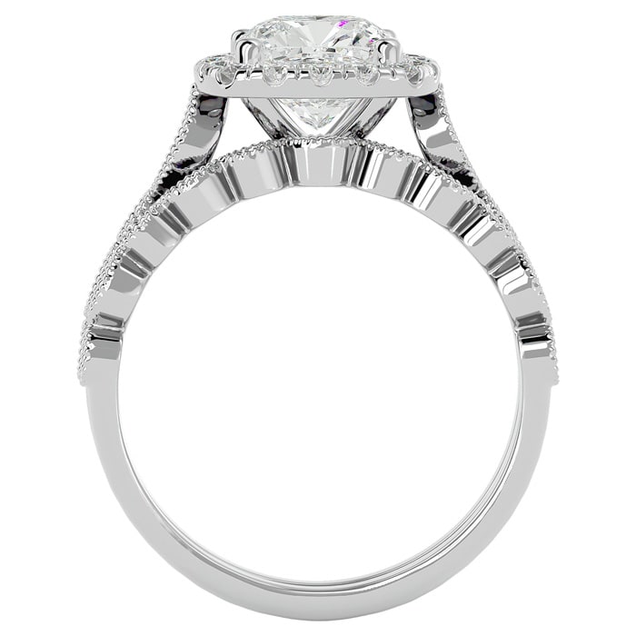 Moissanite Engagement Ring; 2 1/2 Carat Cushion Cut Moissanite Bridal Set In 14 Karat White Gold