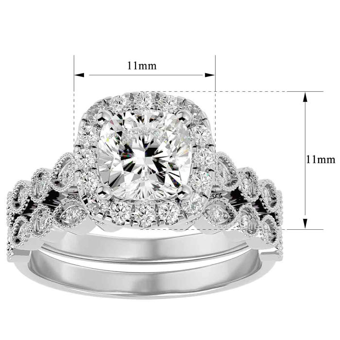 Moissanite Engagement Ring; 2 1/2 Carat Cushion Cut Moissanite Bridal Set In 14 Karat White Gold