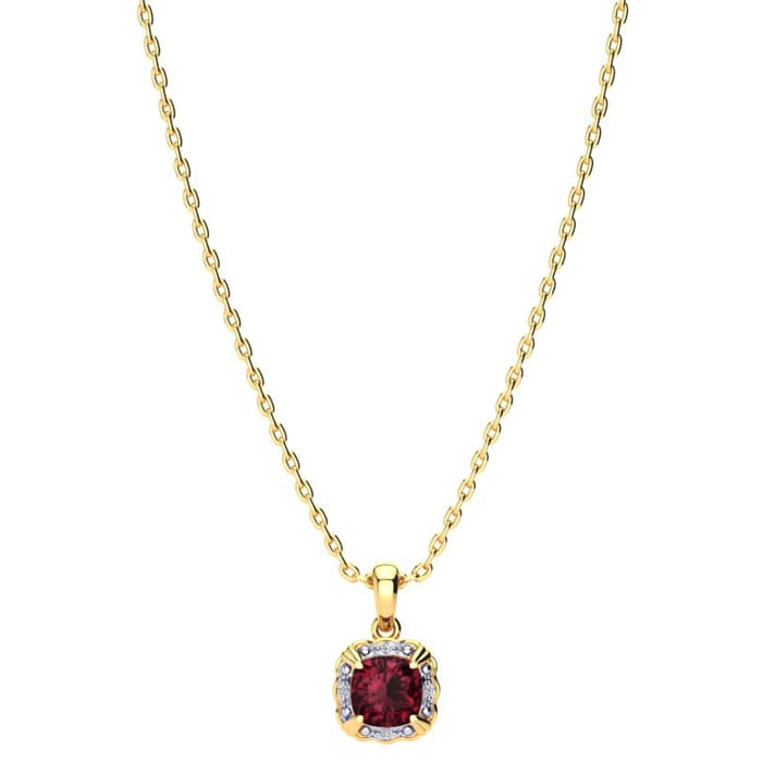 Garnet Necklace: Garnet Jewelry: 2 1/2ct Cushion Cut Garnet and Diamond Necklace In 10K Yellow Gold