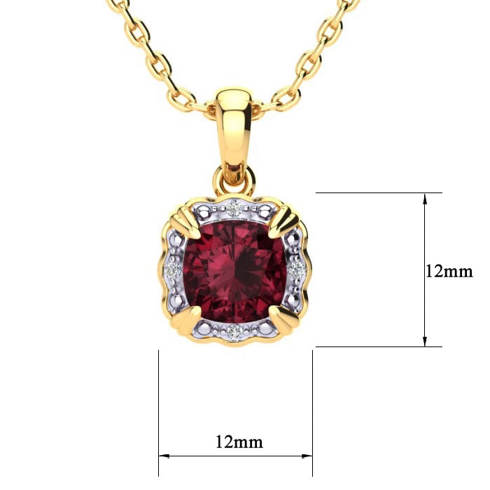 Garnet Necklace: Garnet Jewelry: 2 1/2ct Cushion Cut Garnet and Diamond Necklace In 10K Yellow Gold