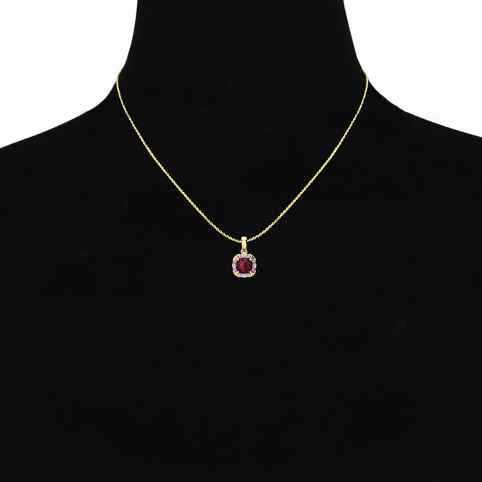 Garnet Necklace: Garnet Jewelry: 2 1/2ct Cushion Cut Garnet and Diamond Necklace In 10K Yellow Gold