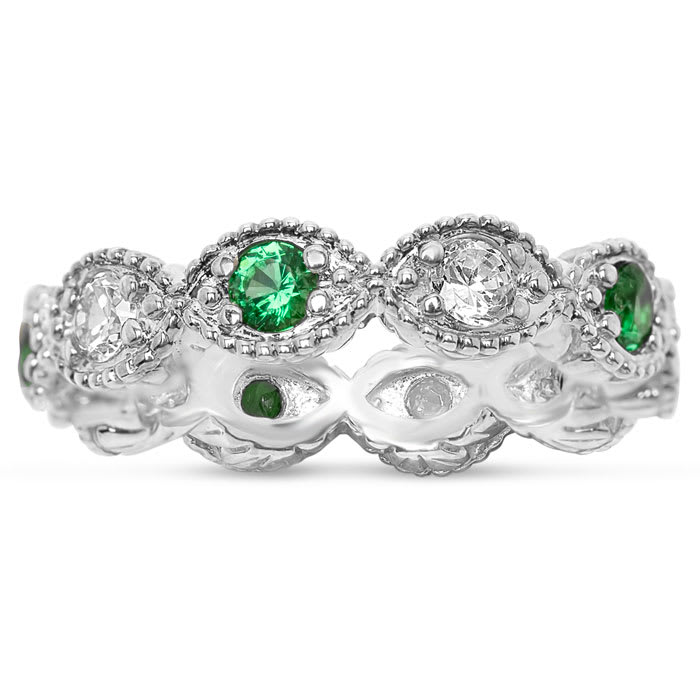 Estate Jewelry Green & White Zirconia 10-Stone Eternity Scalloped Ring, Size 6.