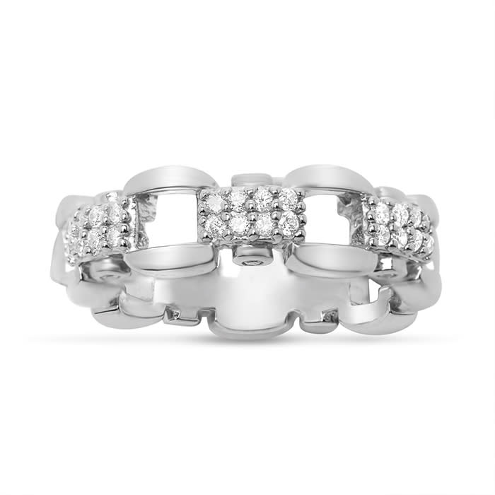 Estate Jewelry Fancy Chain Link Ring With Zirconia In Sterling Silver, Size 7