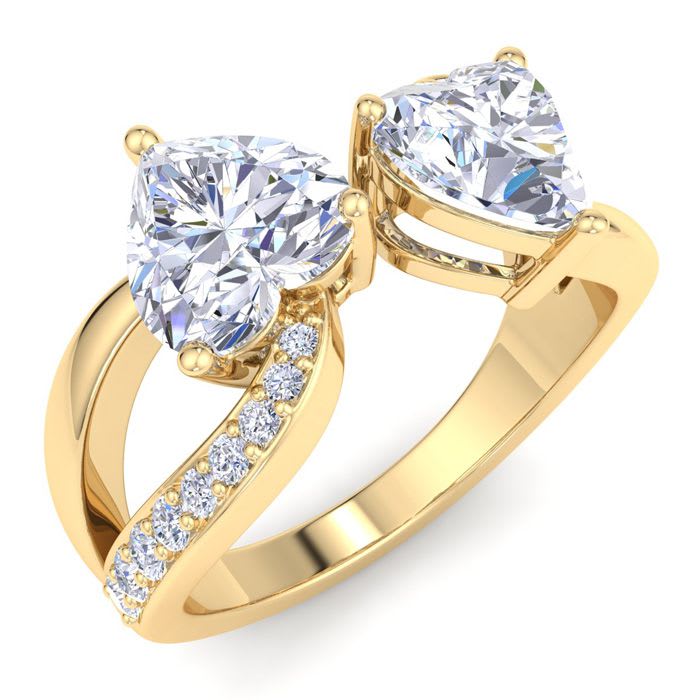 4 1/4 Carat Lab Grown Diamond Two Stone Engagement Ring In 14 Karat Yellow Gold, Heart