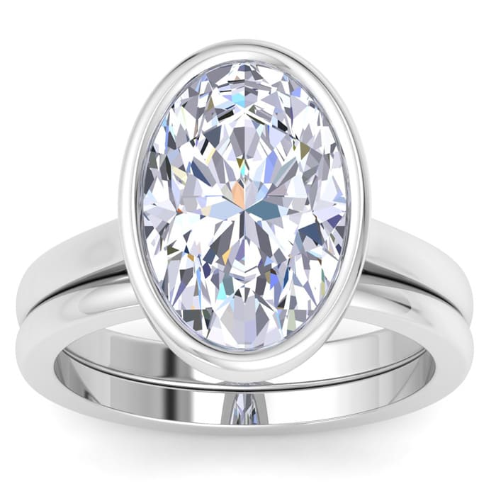 5 Carat Oval Shape Lab Grown Diamond Ring With Matching Band In Platinum, Solitaire Bezel Setting