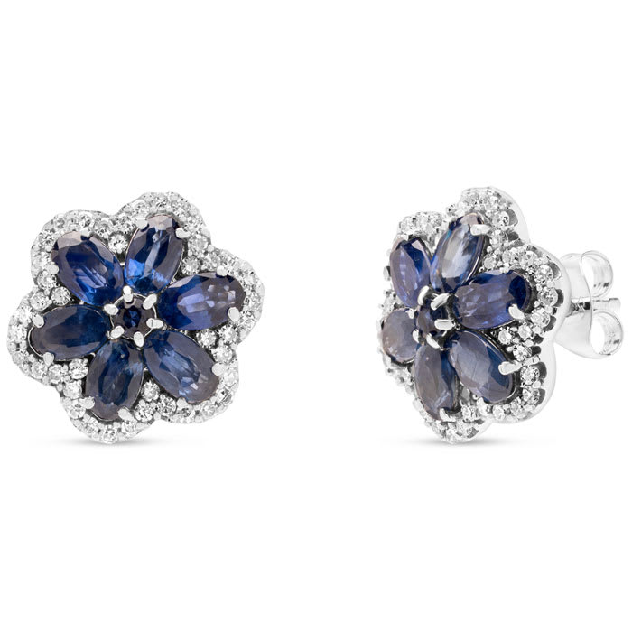 Estate Jewelry Diamond & Sapphire Flower Cluster Earrings In 14 Karat White Gold