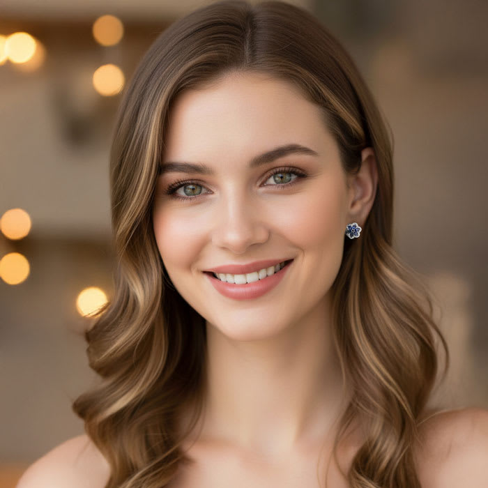 Estate Jewelry Diamond & Sapphire Flower Cluster Earrings In 14 Karat White Gold