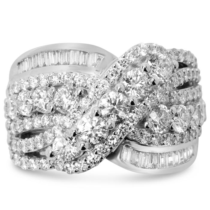 Estate Jewelry 3 Carat Diamond Ribbon Bypass Cluster Ring In 14 Karat White Gold, Size 7