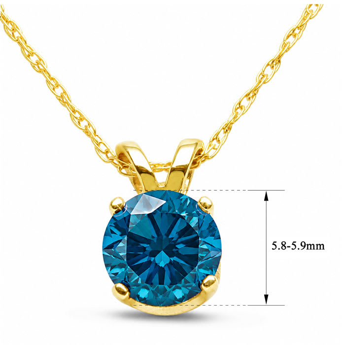 Nearly 1 Carat Round Shape Blue Diamond Solitaire Necklace in Yellow Gold