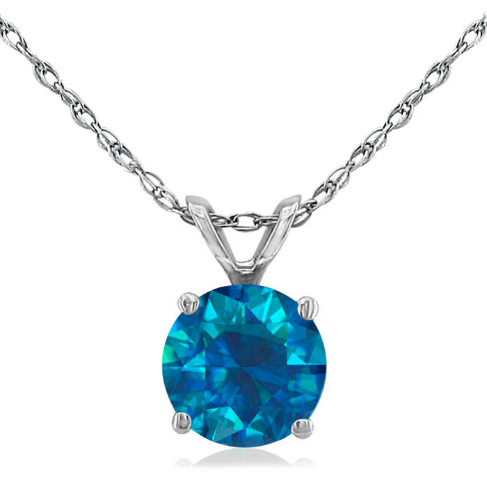 1 Carat Round Shape Blue Diamond Solitaire Necklace in White Gold