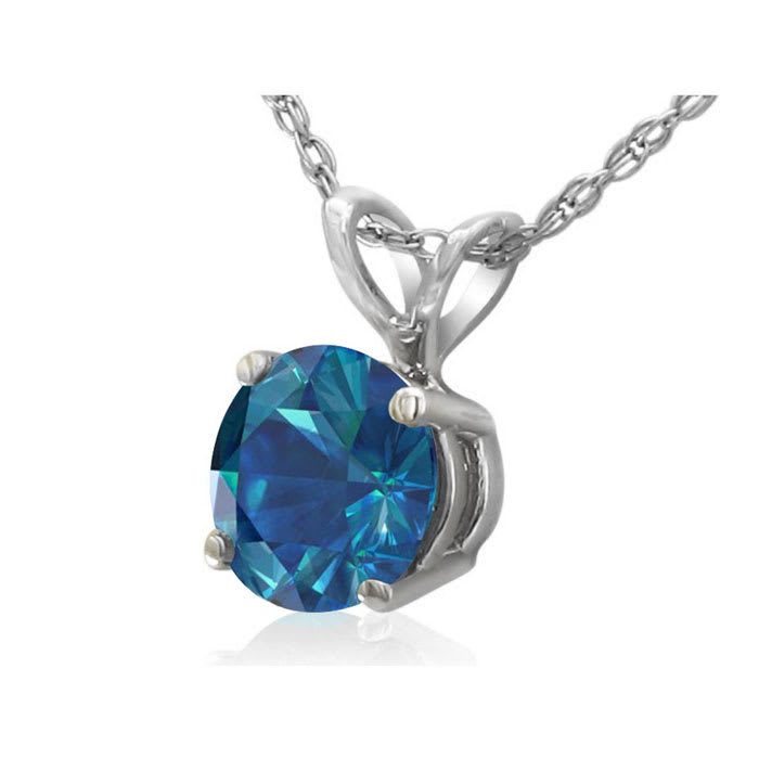 1 Carat Round Shape Blue Diamond Solitaire Necklace in White Gold