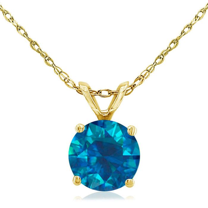 1 Carat Round Shape Blue Diamond Solitaire Necklace in Yellow Gold