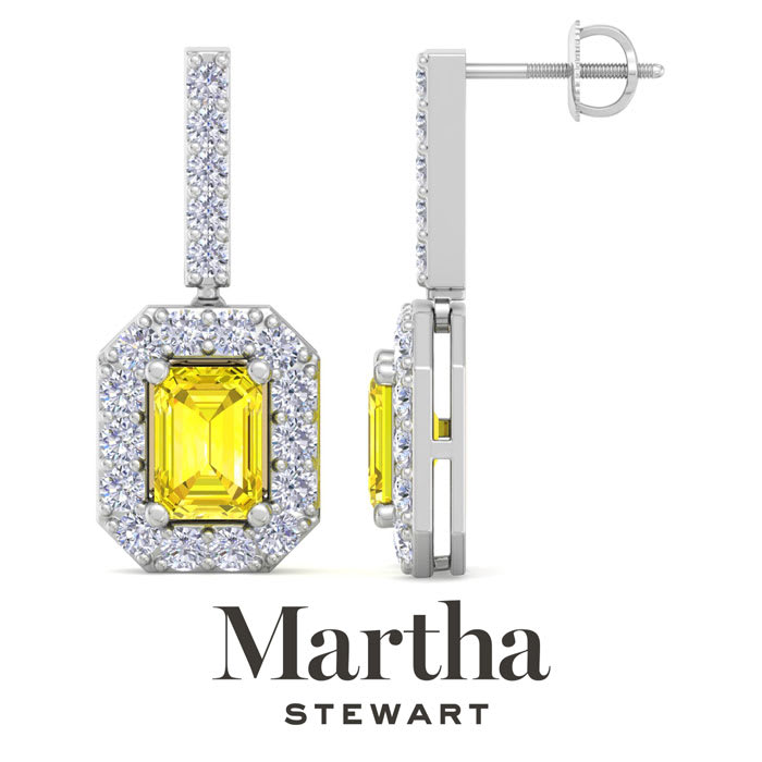 Martha Stewart 6 Carat Emerald Cut Fancy Yellow Lab Grown Diamond Drop Earrings In 14 Karat White Gold