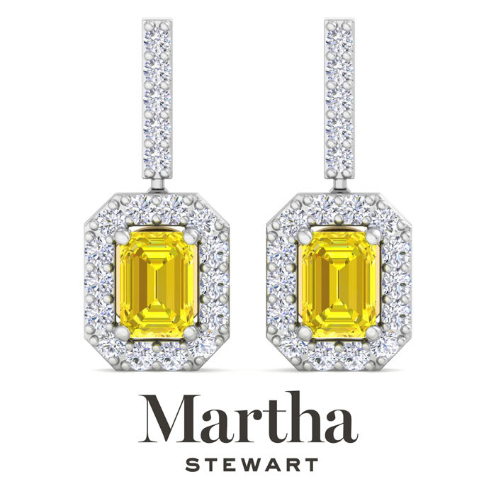 Martha Stewart 8 Carat Emerald Cut Fancy Yellow Lab Grown Diamond Drop Earrings In 14 Karat White Gold