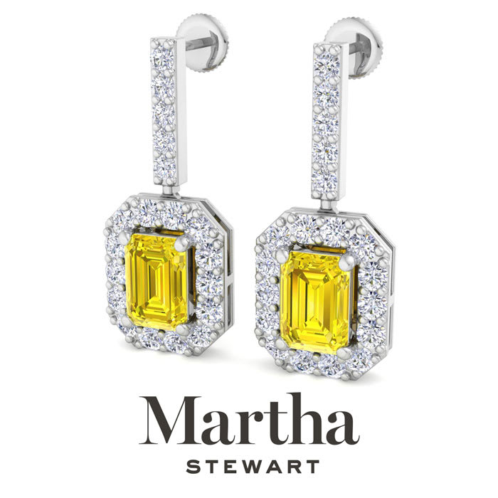 Martha Stewart 8 Carat Emerald Cut Fancy Yellow Lab Grown Diamond Drop Earrings In 14 Karat White Gold