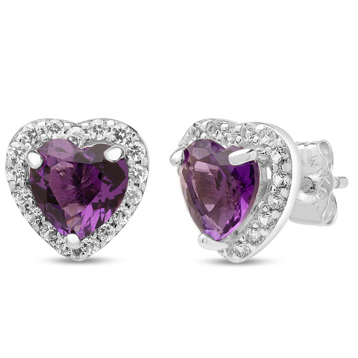 Estate Jewelry Heart Shaped Amethyst Halo Earrings In Sterling Silver