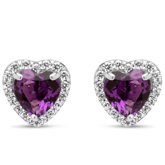 Estate Jewelry Heart Shaped Amethyst Halo Earrings In Sterling Silver