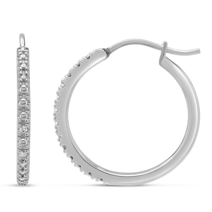 Estate Jewelry 1/10 Carat Diamond Hoops Earrings In Sterling Silver