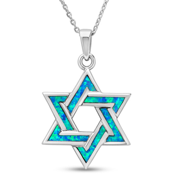Estate Jewelry Star Of David Necklace With Mosaic Opal Inlay In Sterling Silver, 18 Inches