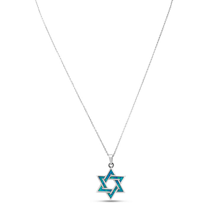 Estate Jewelry Star Of David Necklace With Mosaic Opal Inlay In Sterling Silver, 18 Inches