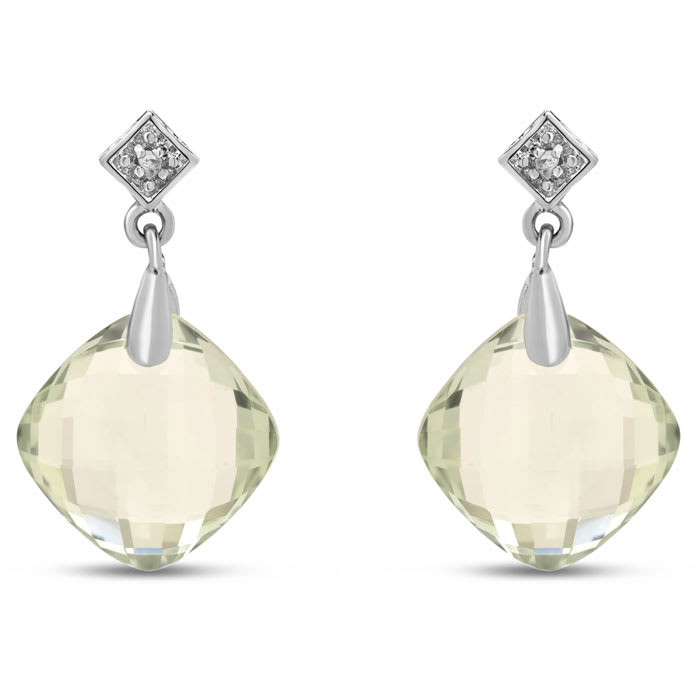 Estate Jewelry Cushion Shape Green Amethyst & Diamond Dangle Earrings In Sterling Silver