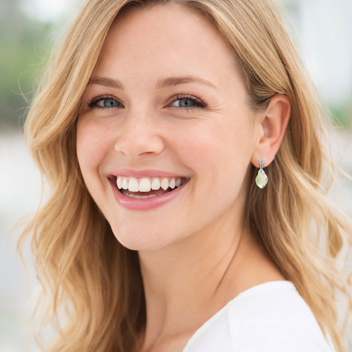 Estate Jewelry Cushion Shape Green Amethyst & Diamond Dangle Earrings In Sterling Silver