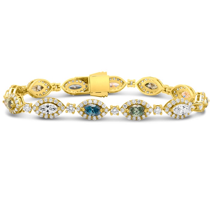Estate Jewelry 9 Multi Color Lab Grown Diamond Bracelet in 14K Yellow Gold, 7 Inches