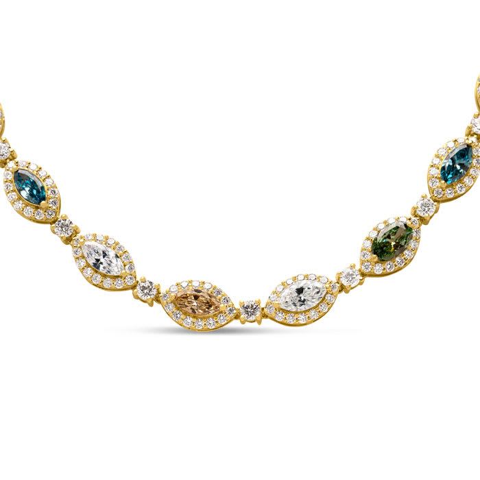 Estate Jewelry 8 1/2 Multi Color Lab Grown Diamond Necklace in 14K Yellow Gold, 16 Inches