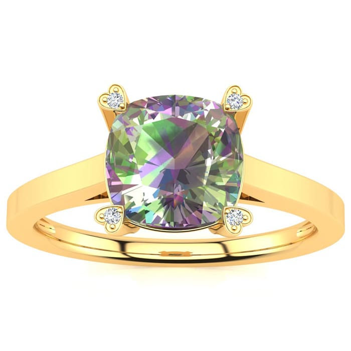 2 Carat Cushion Shape Mystic Topaz With Diamond Prongs in 10 Karat Yellow Gold