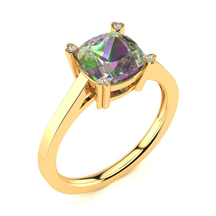 2 Carat Cushion Shape Mystic Topaz With Diamond Prongs in 10 Karat Yellow Gold